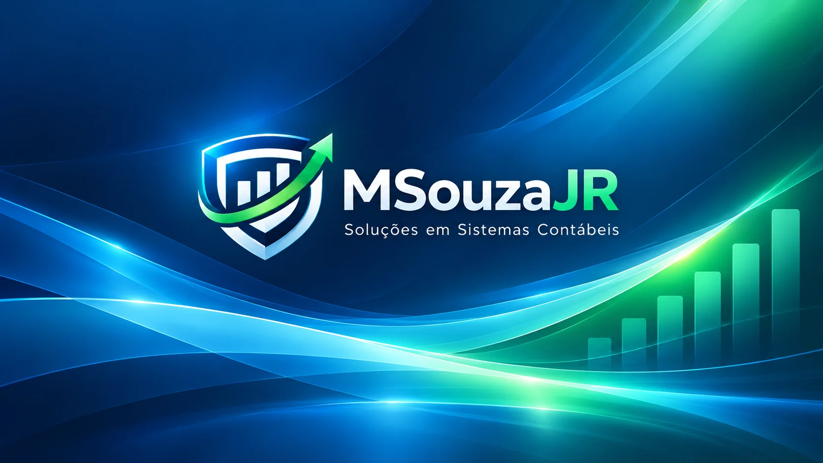 Marca MSouzaJR em azul e verde com escudo e gráfico de crescimento